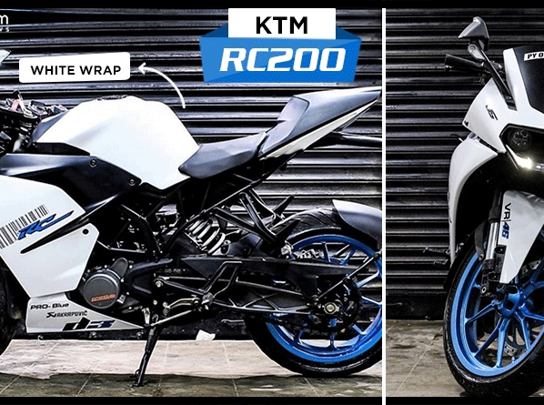 White KTM RC200 with Blue Wheels