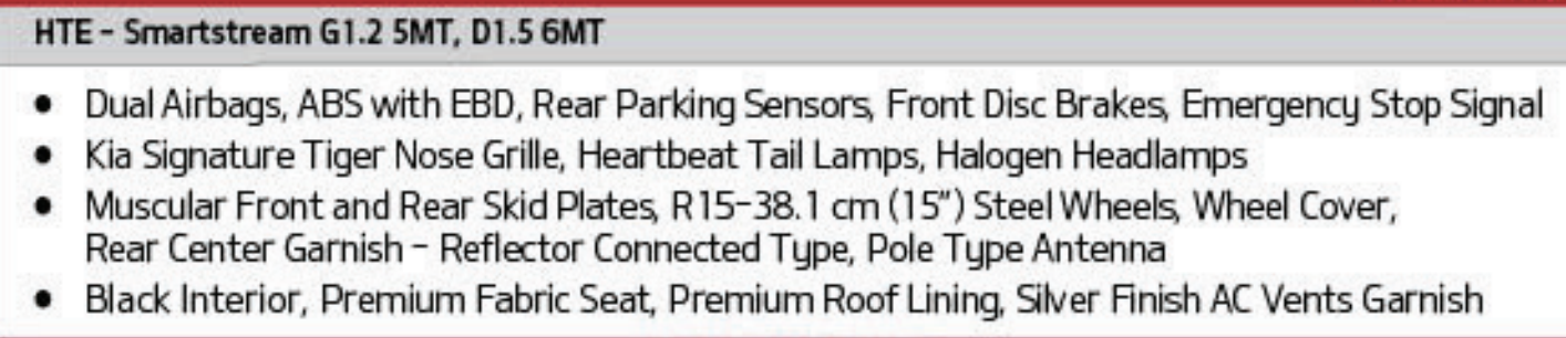 Kia Sonet Variant-Wise Feature List