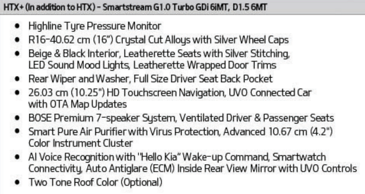 Kia Sonet Variant-Wise Feature List