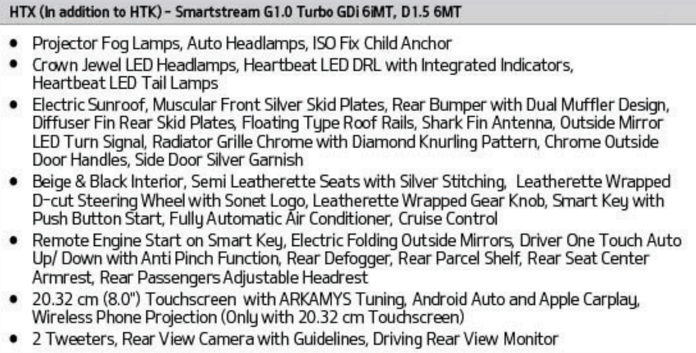 Kia Sonet Variant-Wise Feature List